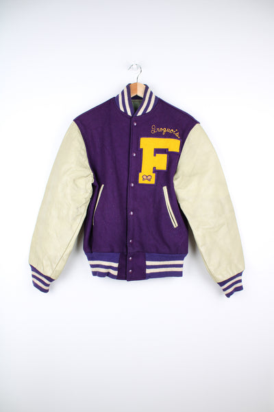 Vintage 1960's Hatchers tennis themed purple wool varsity jacket with leather sleeves and embroidered chain stitch name and other badges