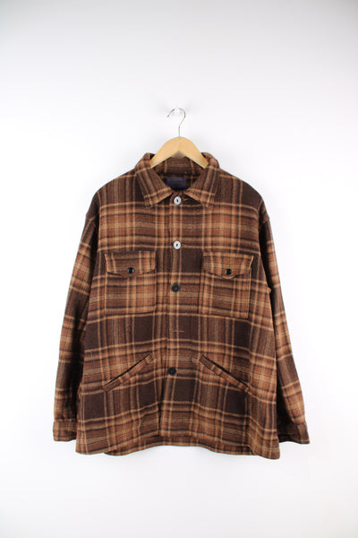 Vintage Pendleton brown plaid wool chore jacket with multiple pockets 