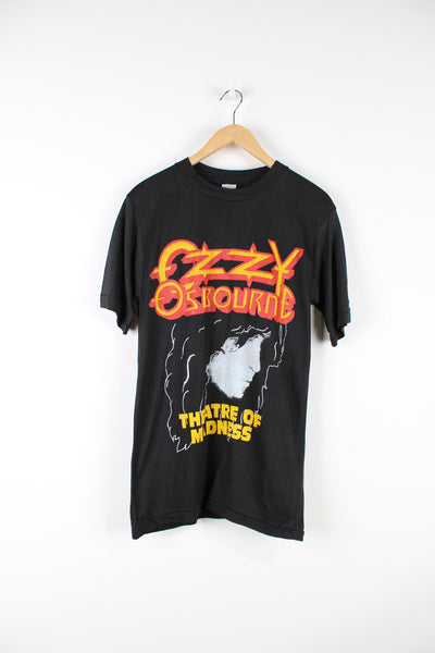 Vintage 1991 Ozzy Osbourne single stitch black t-shirt with printed design on the front and back. Merch from his Theater Of Madness farewell tour. Mad from a thin cotton to be worn slim/ tight fitted.   good condition  Size in Label:  Slim fit L