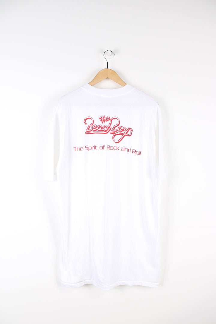 Vintage 1990 Beach Boys Convention single stitch white t-shirt with printed design on the front and back.  good condition  Size in Label:  Slim fit XL