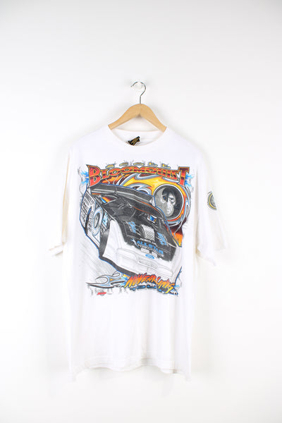 Vintage Scott Bloomquist Dirt Track racing t-shirt. White tee with printed graphic on the front and back.   good condition  Size in Label:  Mens XL - Measures more like a Mens L