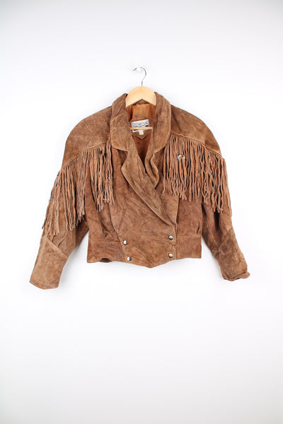 Vintage 1980's brown suede fringe jacket by Yearbook features a cropped fit with fringe detail down the front/ back and sleeves