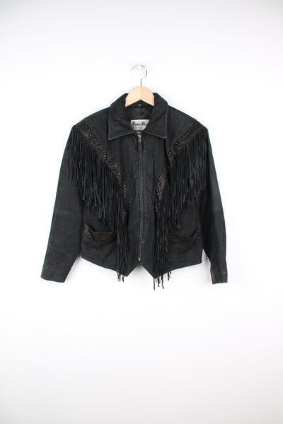 Vintage 1980's black suede fringe jacket by Pioneer Wear, features a cropped fit with fringe detail down the front/ back and sleeves