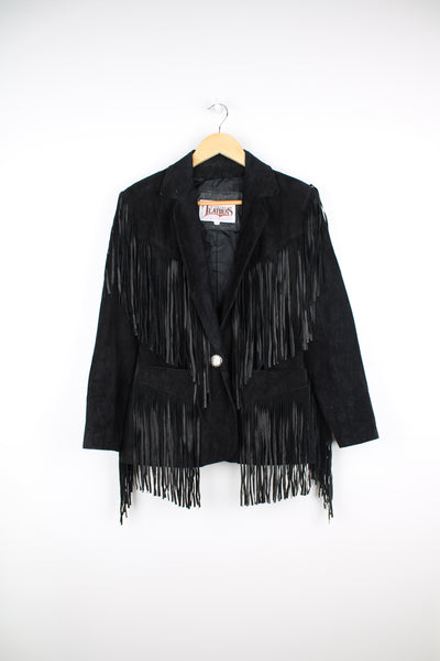 Vintage Western black suede fringe jacket. Features silver conch button, fringe detailing across the shoulders and down the sleeves