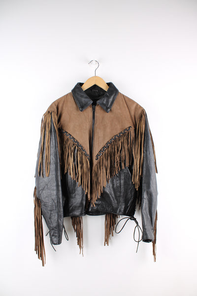 Vintage 80's black and brown fringe motorcycle leather jacket. Features a cropped fit, removable liner and fringe detailing on the sleeves and across the back of the shoulder