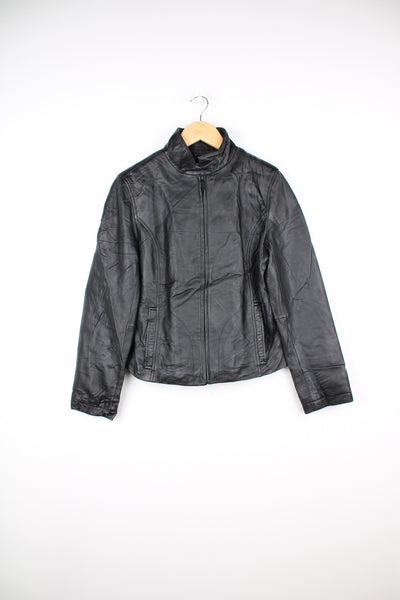 Y2K Calvin Klein black zip through biker style very soft leather jacket, with high collar 