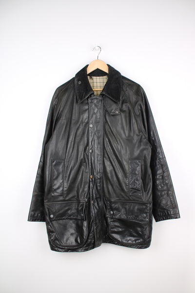 Barbour Beaufort leather jacket in black, with corduroy collar, multiple pockets