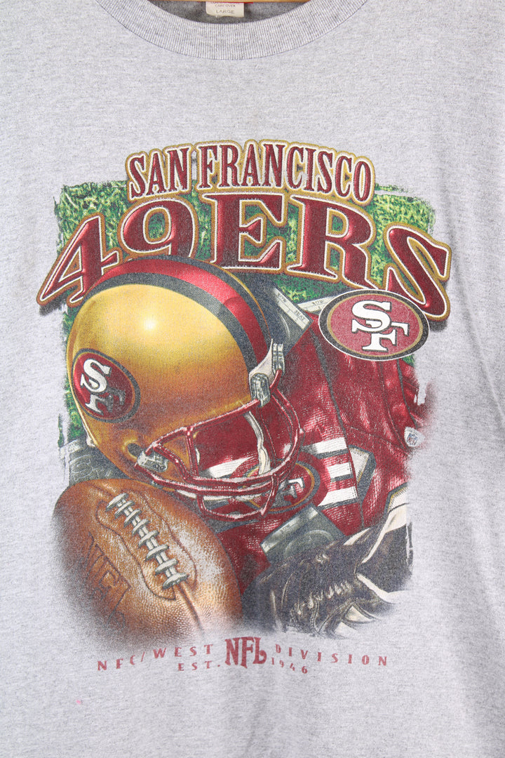 San Francisco 49ers NFL t-shirt in grey, big football graphic printed on the front, alongside spell out. 