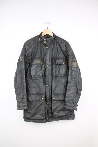 Vintage Belstaff tour master trophy zip through waxed jacket in black, features plaid lining, belt and multiple pockets 