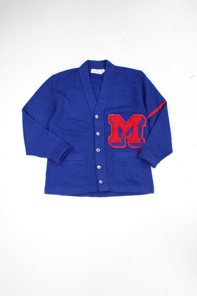 Vintage 100% acrylic wool blue varsity/letterman cardigan, features embroidered badge and pockets 