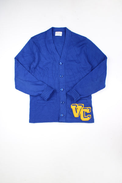 Vintage Bristol BPC Products 100% acrylic wool blue varsity/letterman cardigan, features embroidered badge and pockets
