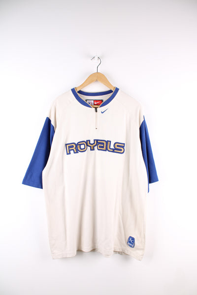 Vintage MLB Kansas City Royals, Nike training top, quarter zip up and quarter length sleeves, has embroidered logos and spell out on the front. 