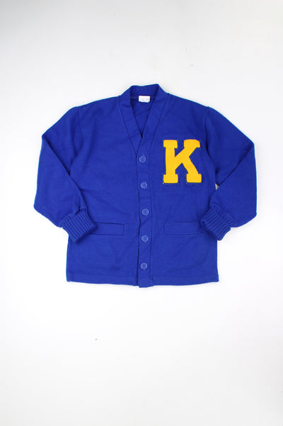 Vintage Hatchers made in the US 100% acrylic wool blue varsity/letterman cardigan, features embroidered badge and pockets 