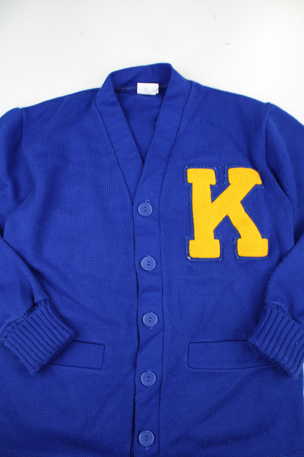 Vintage Hatchers made in the US 100% acrylic wool blue varsity/letterman cardigan, features embroidered badge and pockets 