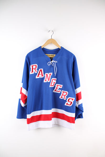 Vintage New York Rangers NHL jersey, blue, white and red team colourway, and Henrik Lundqvist 30 on the back.