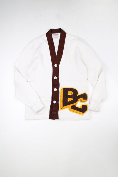Vintage 1960's Bristol BPC Products 100% acrylic wool white varsity/letterman cardigan, features embroidered badge and pockets