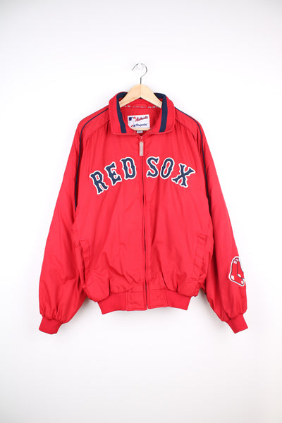 00's Boston Red Sox Majestic varsity style bomber jacket with embroidered Red Sox patch spellout on the chest and embroidered Majestic logo on the arm.  good condition  Size in Label: Mens M - Measures more like a L