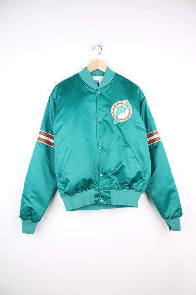 80's Miami Dolphins satin varsity style bomber jacket with embroidered Dolphins patch on the chest and embroidered NFL logo on the arm. Made by Starter. good condition Size in Label: Mens M - Measures more like a L 
