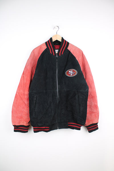 90's San Francisco 49ers suede varsity style bomber jacket with embroidered 49ers patch on the chest and back. Made by NFL. good condition - some marks/ sun damage and creases in the red suede parts of the jacket (see photos). Size in Label: Mens L
