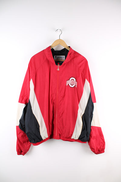 Vintage Ohio State University, Champion track jacket in red, black and white team colourway, zip up with side pockets, and has logo embroidered on the front and back. 