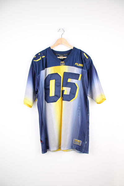 90's FUBU Sport no.5 American football style jersey in blue and yellow. Features embroidered applique details on the front, back and arms. The middle section is made of a net fabric.  good condition - some small pulls in the fabric on the arms Size in Label: L