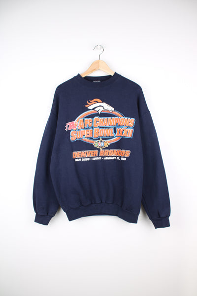 Vintage 90's navy blue Denver Broncos Super Bowl XXXII sweatshirt with printed graphic on the front. Made by Logo 7. good condition - cracks to the graphic (see photos) Size in Label: Mens L