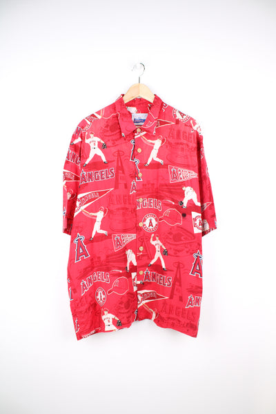 Red Los Angeles Angels MLB Hawaiian Shirt with all over print. Made by Rayn Spooner. good condition - slightly faded colour on the shoulders and pen mark on the pocket  Size in Label:  Mens XXL 