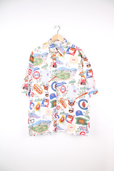 90s white Chicago Cubs MLB Hawaiian Shirt with all over print. Made by Reyn Spooner. good condition  Size in Label:  Mens XL