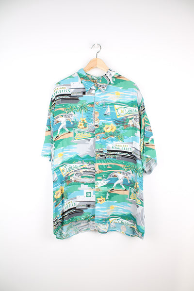 90s green Oakland Athletics A's MLB Hawaiian Shirt with all over print. Made by Reyn Spooner. good condition  Size in Label:  Mens XL