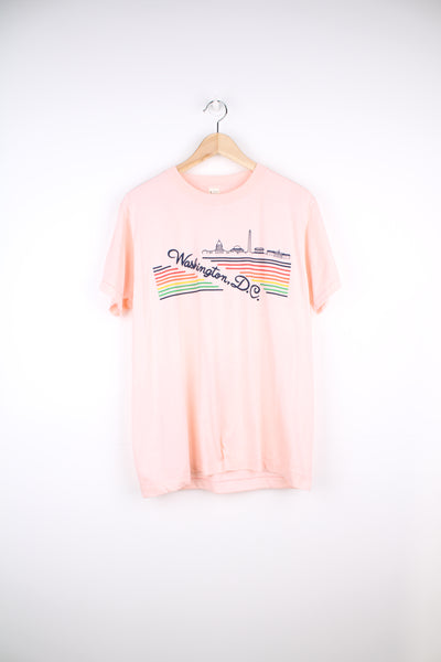 Vintage Washington DC, Single Stitch Graphic T-Shirt in a pink colourway, screen stars label, and has rainbow / city design across the front.