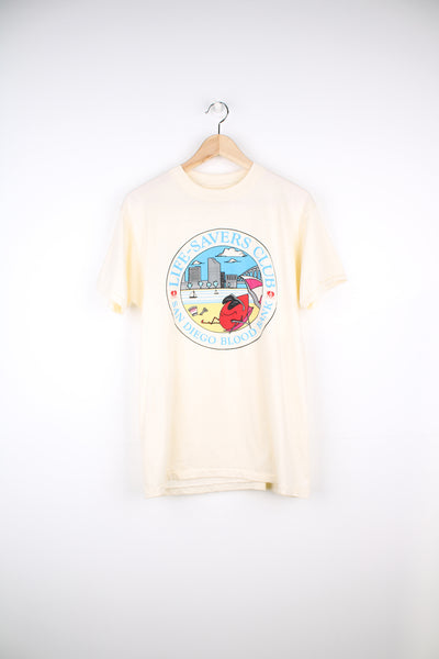 Vintage San Diego Blood Bank, Cartoon Graphic T-Shirt in a tan colourway with graphic design printed on the front, Hanes fifty fifty label and is single stitch.