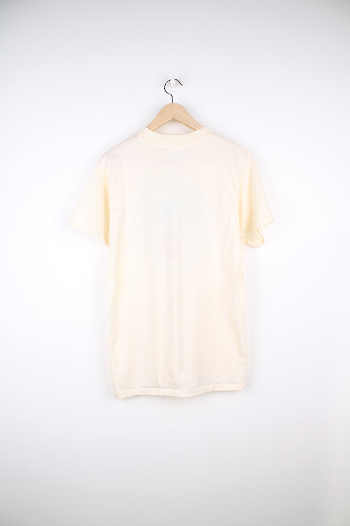 Vintage San Diego Blood Bank, Cartoon Graphic T-Shirt in a tan colourway with graphic design printed on the front, Hanes fifty fifty label and is single stitch.