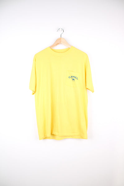 Vintage Camel Cigarettes Single Stitch T-Shirt in a yellow colourway, chest pocket on the front and has graphic print on the back.