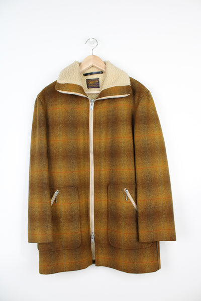 Vintage 1960's mustard yellow plaid wool zip through CPO jacket with chunky pockets and fleece lining 