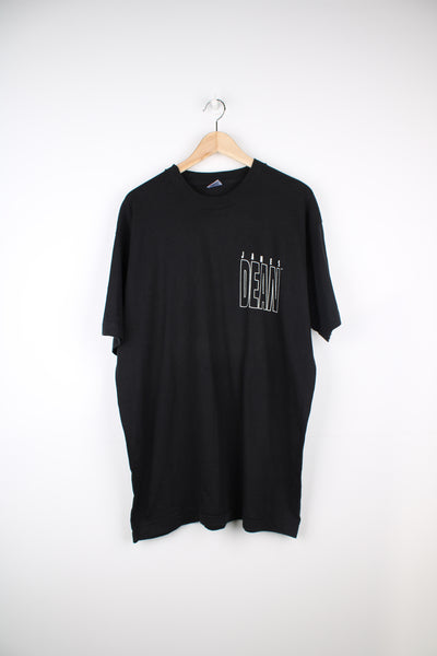 Vintage 90's James Deen T-Shirt in a black colourway with his name spell out on the chest and big graphic design printed on the back, fruit of the loom label and is single stitch.