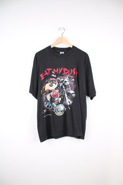 Vintage 1992 Tasmanian Devil, Looney Tunes T-Shirt in black colourway with big front graphic design, 'Eat my dust' spell out, T.A.G label and is single stitch.