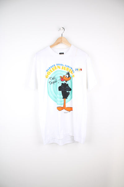 Vintage 1985 Warner Bros Cartoon T-Shirt in a white colourway with big puff print graphic design on the front, deadstock and still has original sticker on the garment.