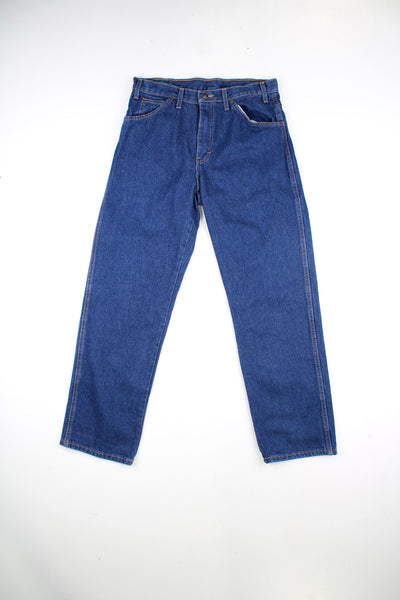 Dickies dark wash, high waisted jeans with signature logo on the back pocket