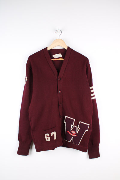 Vintage 1960's maroon red 100% new wool varsity/letterman cardigan, features embroidered badges all 
