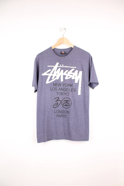 Stussy t-shirt in slate grey, with printed spell- out graphic on the front 