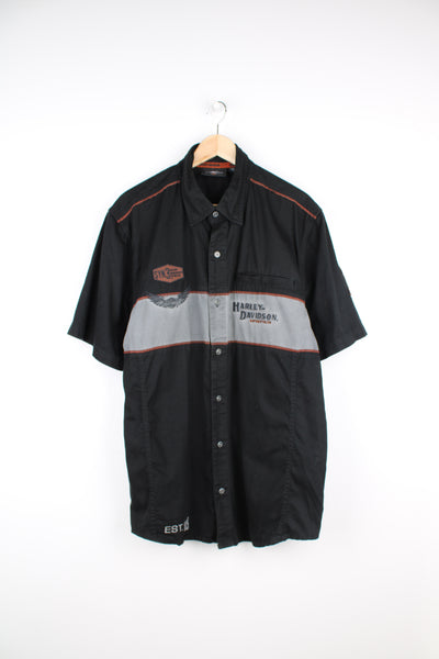 Harley-Davidson black button up shirt with grey horizontal stripe across the chest and embroidered logo's on the front and back good condition  Size in Label:  XL