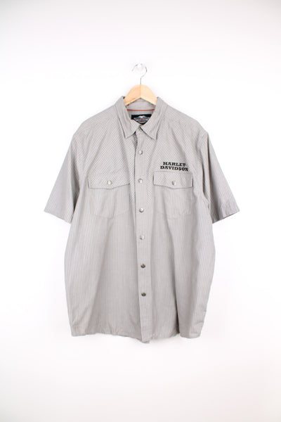 Harley-Davidson grey pinstripe shirt with embroidered logo's on the front and back. Closes with popper buttons. good condition  Size in Label: XL