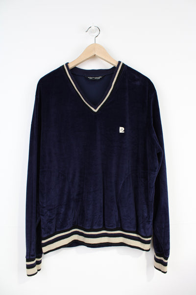 Vintage Pierre Cardin navy blue velour sweatshirt with embroidered logo on the chest