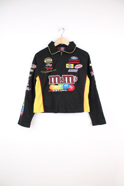 Rare black cotton racing jacket by M&M x Chase Authentics features embroidered logos and sponsors throughout and yellow paneling.  good condition - some marks on the side paneling (see photos) Size in Label: Women's M