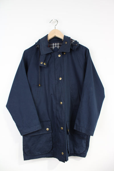 Vintage Burberry navy blue cotton hooded jacket with nova check lining