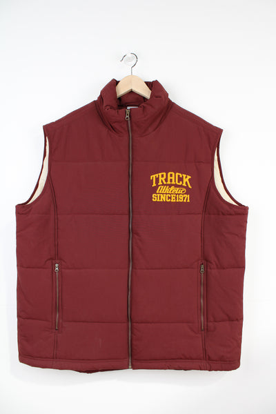 00's Maroon Nike gilet with yellow printed spell-out logo on the chest 