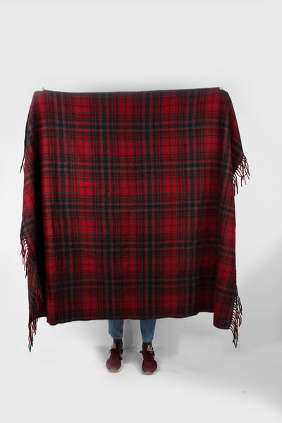 Vintage Pendleton check/ plaid wool blanket in red and dark grey colourway. Made from 100% virgin wool and features fringe down two of the sides. good condition  Size in Label: Width: 53 inches Length: 68