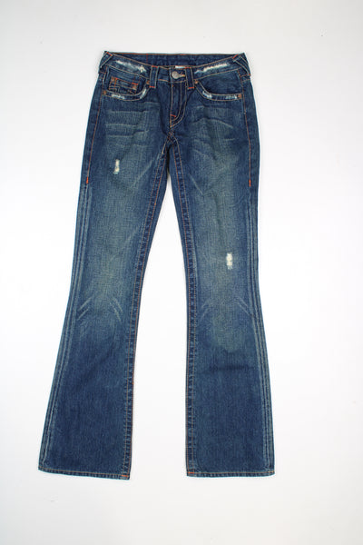 Vintage True Religion low rise bootcut jeans with contrast stitching and distressed detail.  good condition  Size in Label:   26