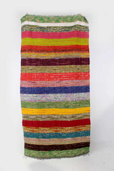 Vintage hand woven rug in multicoloured striped pattern. good condition  Size in Label: Width: 39 inches Length: 77 inches