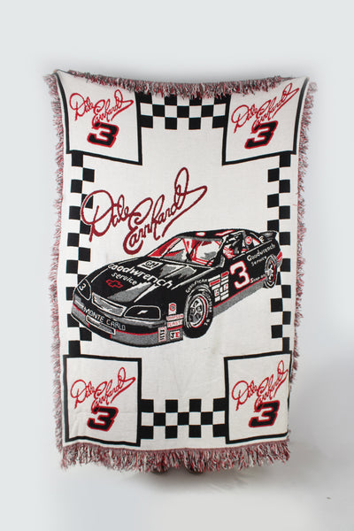 Vintage NASCAR Dale Earnhardt Sr #3 woven blanket/ decorative tapestry with fringe edges good condition - marks on the tan section (see photos)  Size in Label: Width: 67 inches Length: 45 inches 